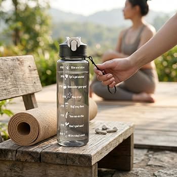 Water bottle on table with hydration chart